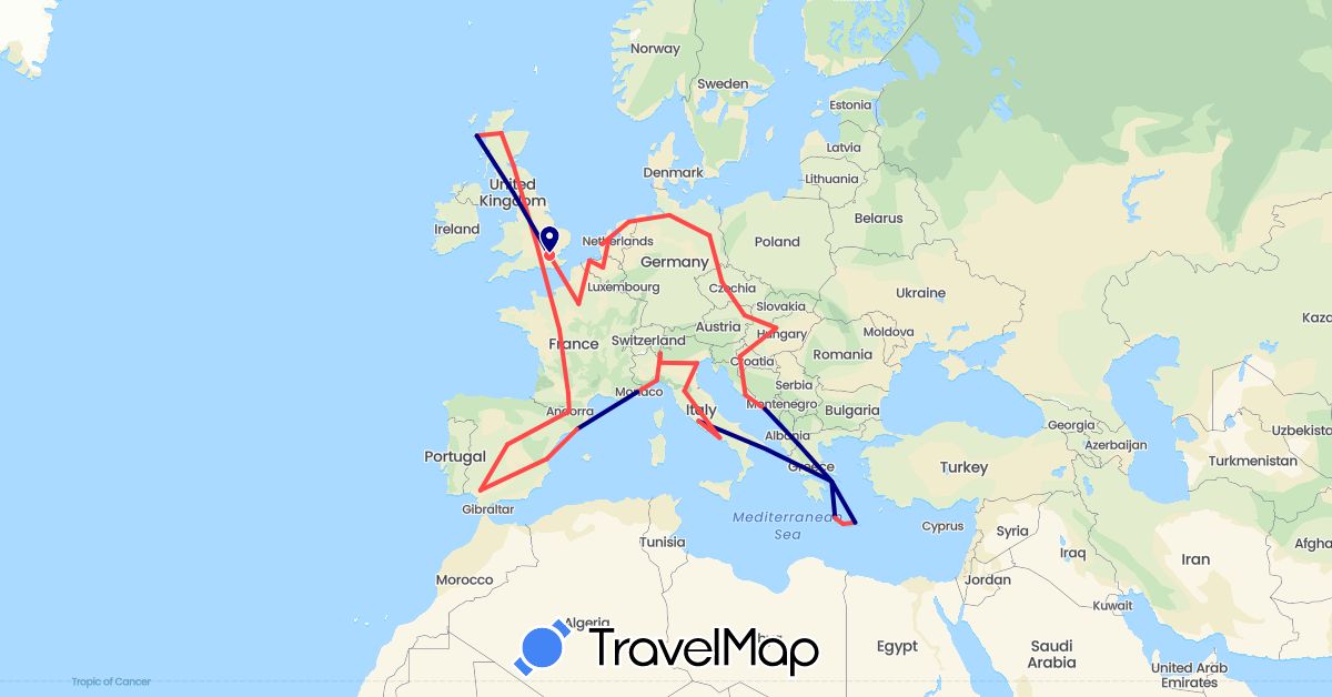 TravelMap itinerary: driving, hiking in Andorra, Austria, Belgium, Czech Republic, Germany, Spain, France, United Kingdom, Greece, Croatia, Hungary, Italy, Netherlands (Europe)